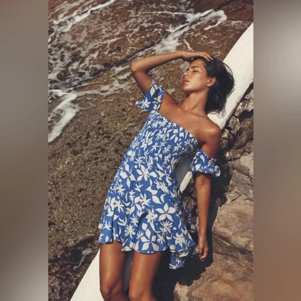 Zara Blue Floral Off-Shoulder Mini Dress